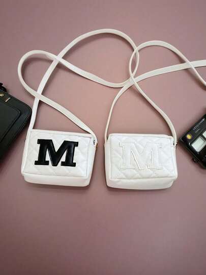 1pc Girls White PU Mini Crossbody Bag, Versatile Letter Embroidery Shoulder Bag, Casual Small Square Bag Coin Purse, Zipper Closure Suitable For Various Occasions, Daily Matching, Great Gift