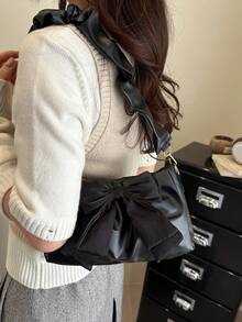 Bolso de hombro con cadena plisada y decoración de lazo - Negro - Ver 9