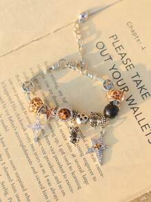 1条豹纹星形吊坠手链，1条豹纹8号黑色台球手链，1条十字架星形手链，1条复古心形星形手链 - 銀色 - 查看 8