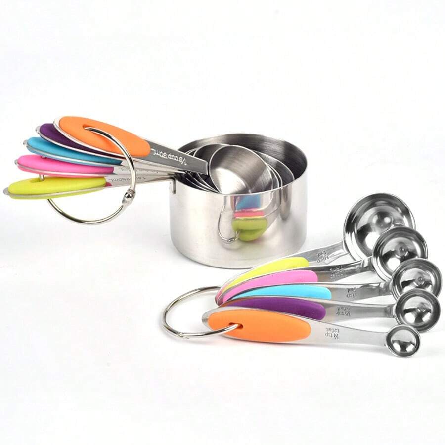 10pcs Stainless Steel Measuring Cups And Spoons Set, Cooking And Baking Kitchen Utensils, Includes 5 Cups And 5 Spoons With Non-Slip Silicone Handles And Markings, Suitable For Measuring Dry And Liquid Ingredients, Baking Tools Set, Kitchen Accessories, Kitchen Tools - Multicolor - View 1