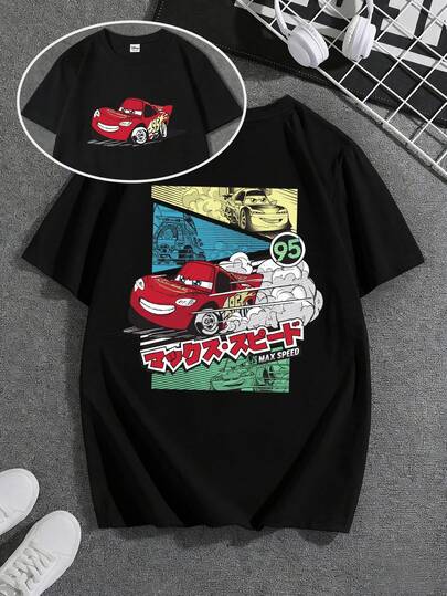 Disney 赛车主题男士T恤，前后印有闪电MAX速度动漫风格图案，适合日常穿着、海滩度假、男士时尚以及嘉年华活动。