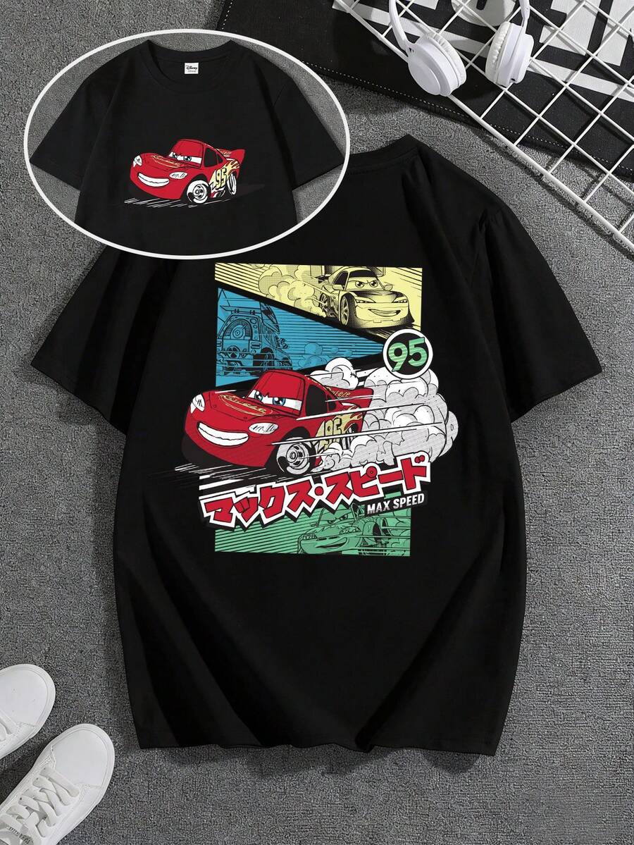 Disney 赛车主题男士T恤，前后印有闪电MAX速度动漫风格图案，适合日常穿着、海滩度假、男士时尚以及嘉年华活动。 - 黑色 - 查看 1