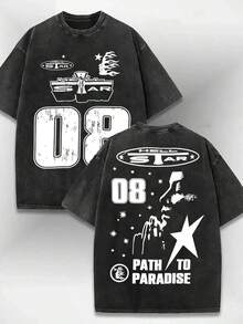 2026 Summer TopsMen's T-Shirt, Distressed Washed Pure Cotton Round-Neck Men's Short-Sleeved Shirt, Featuring The Number "08" And Star-Letter Pattern On Both Sides Of The Print, With A Casual Street Style, Suitable For Summer Men's Clothing. Loose And Comfortableshirt - 黑色 - 查看 1