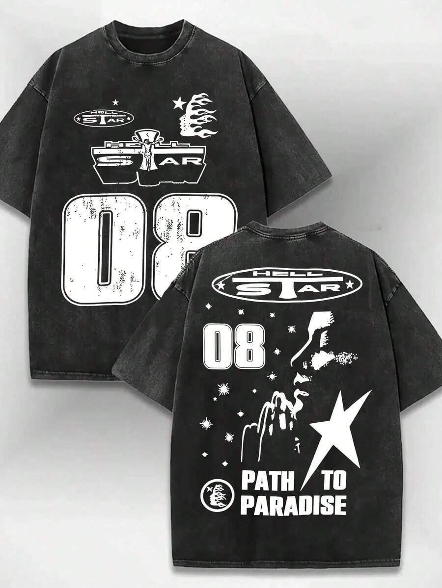 2026 Summer TopsMen's T-Shirt, Distressed Washed Pure Cotton Round-Neck Men's Short-Sleeved Shirt, Featuring The Number "08" And Star-Letter Pattern On Both Sides Of The Print, With A Casual Street Style, Suitable For Summer Men's Clothing. Loose And Comfortableshirt - 黑色 - 查看 1