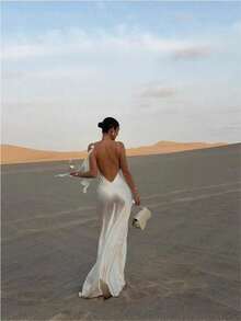2026 Spring And Autumn Women's Dress Celebrity Pure Desire White Satin Halter Party Dress - Blanco - Ver 2
