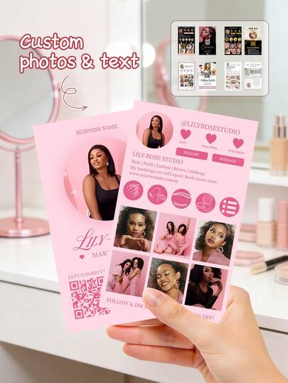 200 tarjetas de visita personalizadas, color rosa, con foto y texto personalizables, adecuadas para maquilladores, salones de peluquería, con tarjeta de visita digital con código QR, tarjeta de visita de influencer para salón de peluquería y uñas, tarjeta de trabajo profesional, adecuada para marketing en línea y estilo universitario, tarjeta de visita de salón de belleza, peluquería y salón de uñas, tarjeta VIP exclusiva personalizada, impresión a doble cara