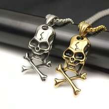 男士哥特朋克风骷髅头和交叉骨吊坠项链 - 銀色 - 查看 2