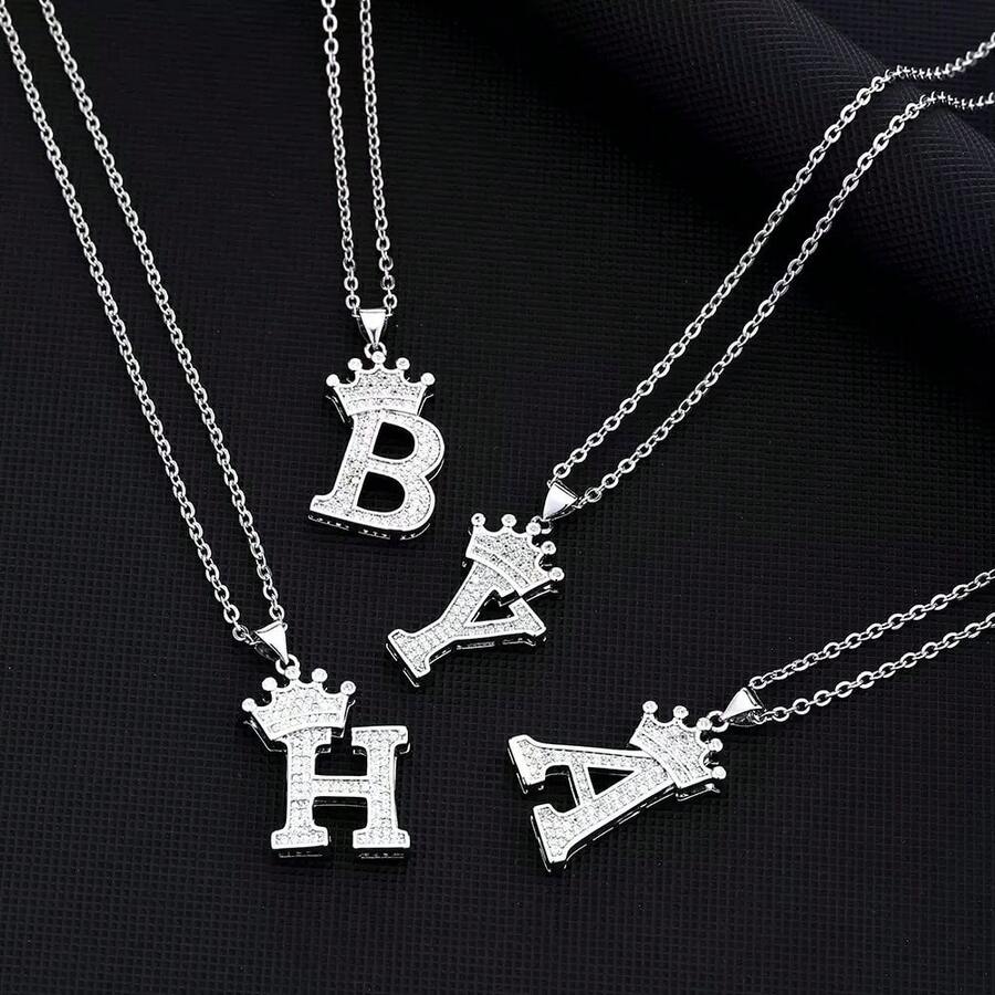 1pc Unisex Fashion Crown & Letter Pendant Stainless Steel Necklace - Silver - View 1