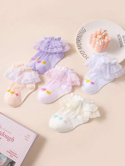 5/1 Pair Spring/Summer Kids/Girls Colorful Heart Decorated Dance Socks, Retro Striped Design, Sweet & Fashionable, Soft & Breathable, Lace Princess Style, Suitable For Princess Dress, Wedding, Casual Activities, Birthday Gift