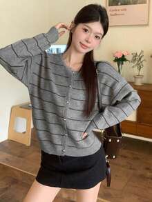 Vintage Striped Casual Cardigan, Versatile For Spring And Autumn - Grey - View 2