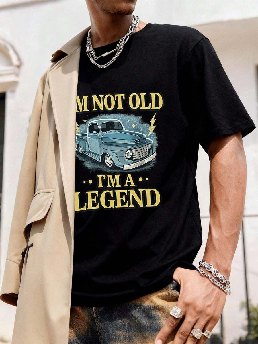 Vintage Pickup Grafik Legende T-Shirt, Frühling, Street Hip-Hop, atmungsaktiv, Statement-Print - Schwarz - Übersicht 1