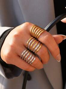 Frminee 3pcs/1pc Vintage Thick Creative Wide Band Gold Stainless Steel Rings, Retro Asymmetrical Woven Wrapped Rings, Birthday Rings, Anniversary Gift - Multicolor - View 4