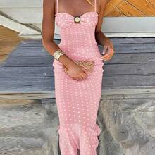 一件波点印花夏季无袖连衣裙，适合女性在情人节海滩度假穿着，优雅的派对婚礼粉色春季装扮。 - 粉色 - 查看 3