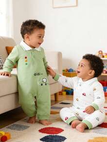 2件套卡通汽车刺绣印花长袖POLO衫，适合幼儿，春秋季 - 彩色 - 查看 1