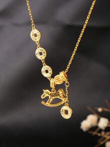 1件梦幻行星月亮地球吊坠项链，适合女性日常佩戴 - 銅鍍24K厚金色碎冰冰木馬銅錢流蘇項鍊 - 查看 1