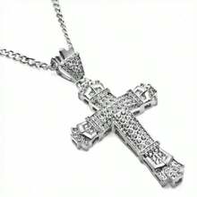 Iced Out Crown Cross Pendant Necklace, Stainless Steel Material, Unisex - Silver - View 3
