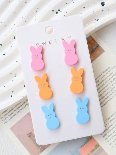 3对复活节彩蛋兔耳丙烯颜料彩绘软陶糖果色可爱兔子耳环节日礼物耳环套装