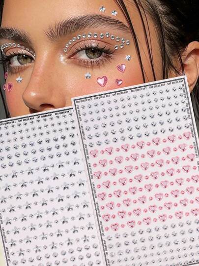 透明纯净闪亮多颗粒面部宝石装饰，大红心/银白星混合自粘面部宝石，适用于眼角/指甲/面部装饰，适用于音乐节、嘉年华、情人节、Y2K风格派对、日常装饰、化妆派对、舞会等场合，可用于头发、眼睛、面部和身体装饰。