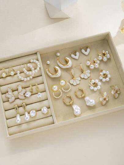（无盒）2件/6件/10件装时尚简约不规则仿珍珠耳钉和耳环套装，花朵、爱心、几何图案耳环，适合女性、情侣、姐妹、度假、约会、日常、派对、婚礼等场合，也是送给妈妈、朋友、女朋友的礼物。