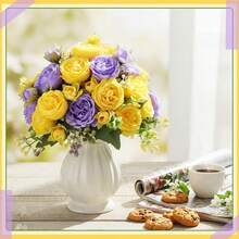 16 Bundles Artificial Peonies Flowers Fake Silk Peony Bouquet Faux Peonies Flowers Bulk For Decoration Vase Floral Arrangements Wedding Party Table (Purple,Yellow) - Purple - 查看 5