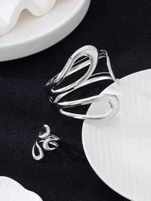 2pcs Fashionable & Elegant Smooth Bangle Bracelet & Ring Jewelry Set, Gift For Women, Party & Banquet - Bracelet and Ring Set - View 10