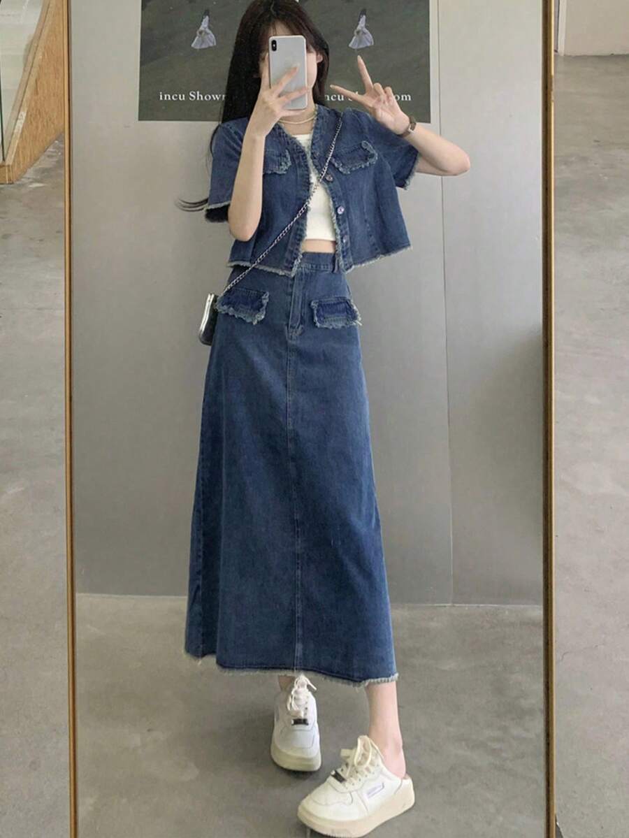 休闲水洗牛仔短袖上衣和迷你裙套装，秋夏季 - 中等水洗藍 - 查看 1
