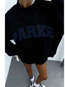 Autumn/Fall And Winter Bestseller 1 Pcs2026 Unisex Casual "PARKE" Letter Print Loose Pullover Sweatshirt, Encountering Lazy Fashion.Casual Daily Wear,Winter Clothes For Women,Clothes,Hoodie,Tops,Spring Break,Long Sleeve Tops Women - 黑色 - 查看 10