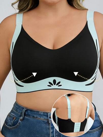 Reggiseno sottile taglie forti, con contrasto di colore a petalo e righe, reggiseno senza cuciture con strisce in gel morbido e sostegno, reggiseno con imbottitura senza fili, coppa imbottita per seno grande con sollevamento e effetto push-up, con spalline regolabili e larghe, adatto per sport e uso casual