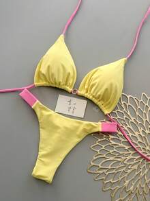 Women's Summer Beach Colorblock Sexy Bikini Swimwear Set Vacation - Yellow - View 3