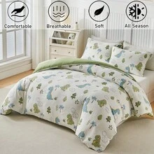 Bộ ga trải giường họa tiết khủng long xanh lá cây 2/3 món, bộ chăn ga gối bằng polyester hình hoạt hình dễ thương, phù hợp cho mọi mùa, mềm mại và thoáng khí, có thể giặt máy, quà tặng cho bé trai, bé gái, trẻ em (1 chăn + 1/2 vỏ gối, không kèm ruột chăn) - màu xanh lá - Xem 3