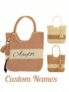 Personalized Straw Bridesmaid Handbag, Custom Bridesmaid Beach Bag, Bridesmaid Gift Basket, Bachelorette Party Tote Bag, Bridal Shower Gift - Straw Handbag - View 2