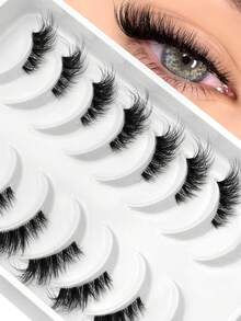 GROINNEYA 8对半条纹假睫毛，自然猫眼延长款，短款柔软3D貂毛睫毛，透明梗，交叉蓬松睫毛，适合日常和派对妆容 - 半眼睫毛 - 查看 5