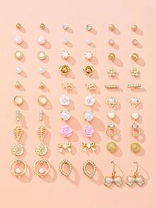 30对可爱花朵、蝴蝶结、仿珍珠和水钻耳钉套装，百搭日常、休闲、派对、节日礼物 - 彩色 - 查看 7