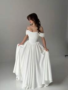 Elegant Sexy Off Shoulder Corset Pleat A Line Satin Formal Wedding Dress,Registry Office Dresses Bridal Gown,Evening Party Dress Birthday Party Dress Country Wedding,Romantic Church Ceremony Wedding Dress,Suitable For Wedding,Dating,Party,Singles' Party,Vacation,Formal Occasions,Dinner Dress,Prom Dress,Homecoming Dess,Cocktail Party,Wedding Guest Dress,Graduation - 白色 - 查看 4