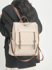 Diamond Quilted Backpack | Interpret The Aesthetics Of Commuting All Day Long Leather Trim * Double Side Bag System A Set Of Equipment To Unlock Absolute Visual Sovereignty Of Daily, Travel, Travel Double Standard Top Handle Adjustable Wide And Thick Shoulder Strap - Multicolor - View 10