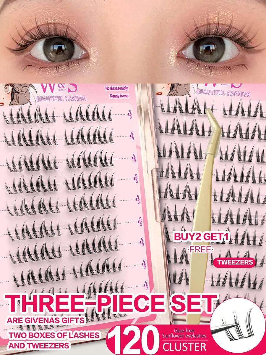 Waloshow 60-120 piezas/Caja, Set de 2 Cajas, Extensiones de Pestañas en Racimo, Sin Pegamento y Sin Removedor de Maquillaje, C 0.07 Aspecto Natural, Extensión de Pestañas DIY, Pestañas Postizas, Racimo Natural, Pestañas de Cosplay, 10 Filas para Usar, Pestañas Postizas Sin Pegamento, Racimo de Pestañas Postizas Naturales y Alargadoras, Para Mujeres, Fiesta, Club, Herramientas de Maquillaje - Negro - Ver 1