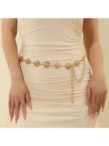 Cadena de cintura de metal ajustable con forma de girasol, adecuada para vestidos, trajes, estilo bohemio, cadena de cintura de aleación de zinc de color dorado, para todas las estaciones - El mismo estilo en varios colores. - Ver 14