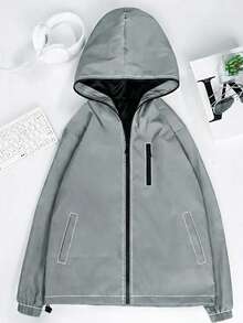 Men's Outdoor Jacket With Reflective Details, Hooded Zip-Up, Loose Fit, Made Of Comfortable Fabric, Suitable For Night Outings, Hiking, Fishing, Running, Sports And Outdoor Adventures - Grey - View 5