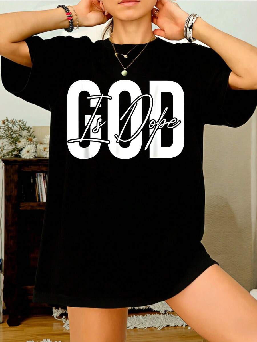Womens Short Sleeve T Shirt GOD IS Dope Graphic Print Oversized Cotton Summer Casual T Shirt For Her Round Neck Printed Short Sleeve Casual Everyday T-Shirt, They Are Excellent Gifts For Friends And Family,100% Cotton T-Shirts Feature, A Youthful And Fashionable Design - Black - View 1