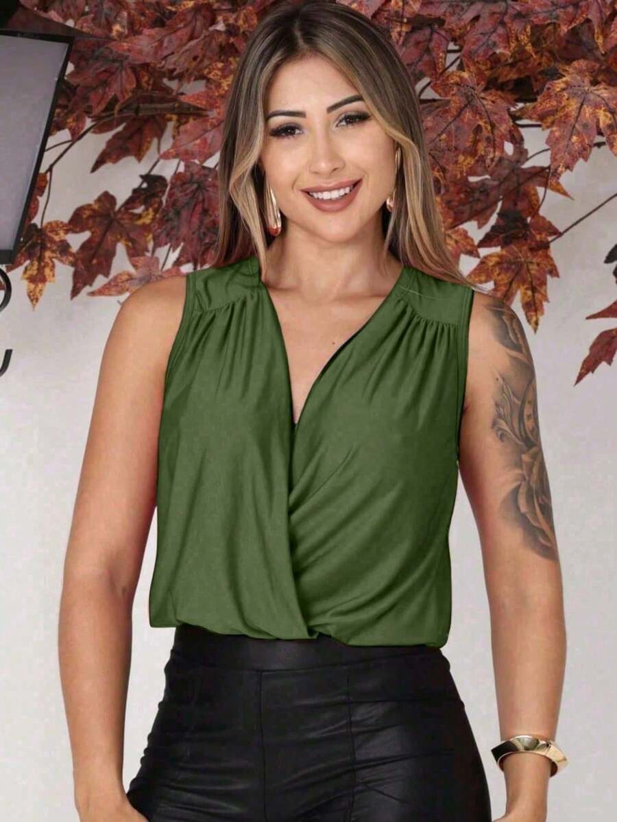Women's Tank Top In Supplex Fabric, Simple, Casual, Party, Crossover, Ruched, Asymmetrical, Evening. - Army Green - View 1