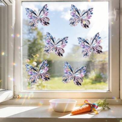1 pieza Pegatinas de ventana de mariposa de cristal colorido, calcomanías de efecto arcoíris de PVC reutilizables para decoración de dormitorio, sala de estar, baño, cocina y oficina.