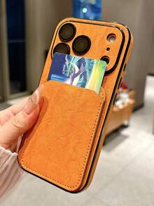 Ốp điện thoại giả da cao cấp có nếp nhăn, kèm ngăn đựng thẻ và khả năng chống sốc cho iPhone 16, 15, 14, 13 Pro Max, 17 Pro Max, 14, 15, 16 Plus, 11 - trái cam - Xem 3
