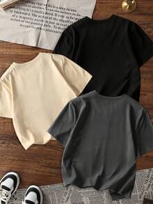 3 pièces/Set T-shirt à manches courtes col rond imprimé décontracté pour filles, vêtements d'été pour étudiants et jeunes enfants - Le T-shirt imprimé de jolis chevaux apporte joie et bonheur à chaque enfant ! - Nude - Voir 4
