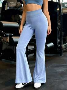 TCVC 女士无缝高腰收腹喇叭裤，时尚做旧纹理，弹力亲肤面料，春季款 - 淺色水洗藍 - 查看 4