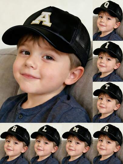 1pc 26 Letters Embroidered Kids Mesh Baseball Cap, Adjustable Outdoor Sun Hat, Minimalist Trucker Hat, Suitable For Spring/Autumn Travel, Beach, Y2K Style For Boys & Girls