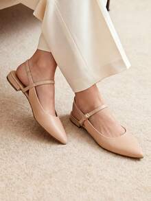 Women Slingback Pointed Toe Flats Mary Jane Ballet Flat With Buckle Strap Low Heel Dressy Flats Modern Lady Chic Shoes - Màu be - Xem 4