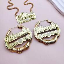 [Customization] 2 Pieces Set Of Customized Acrylic Name Earrings/Necklaces With Shiny Heart-Shaped Design, Personalized Double-Layer English Letter Name Women's Pendant/Earrings, Perfect For Parties And Birthday Gifts, Women's Jewelry Set, Cuban Chain - Multicolor - View 2