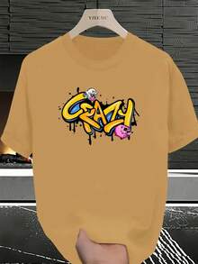 Men's Premium Cotton T-Shirt, Adult Plus Size, Kids Streetwear, Oversized, Crazy Rabbit Pig Hammer Print, Cartoon Style, Casual - Beige - View 5