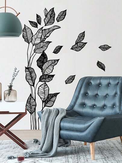 1pc Black Minimalist Line Art Leaf Wallpaper Sticker, Removable Wall Decor For Bedroom, Living Room, Entryway