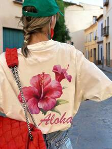 夏季新款时尚玫红色热带花卉印花休闲圆领短袖T恤，时尚百搭女式上衣 - 淺杏 - 查看 1